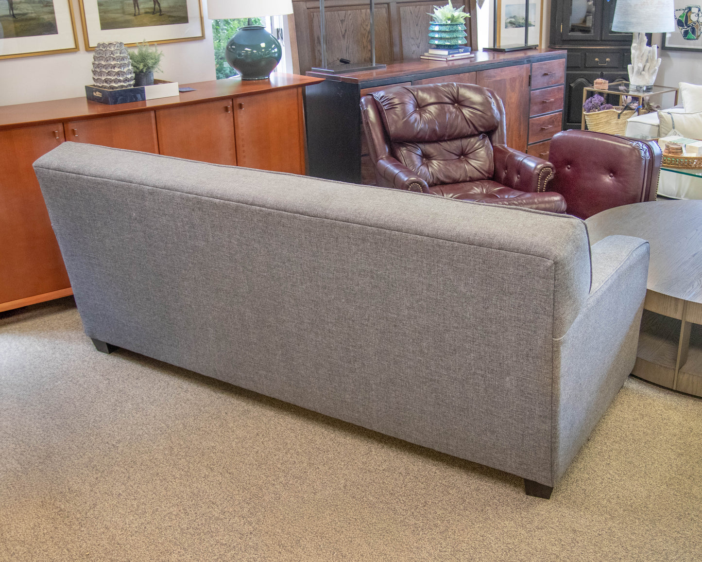 Tight Back 3 Cushion Textured Grey Upholstered Sofa W/ Track Arms