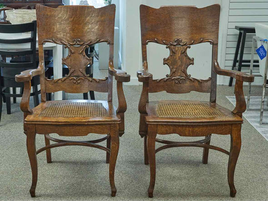 Pair of Pressback Oak Dining Arm Chairs with Cane Seats