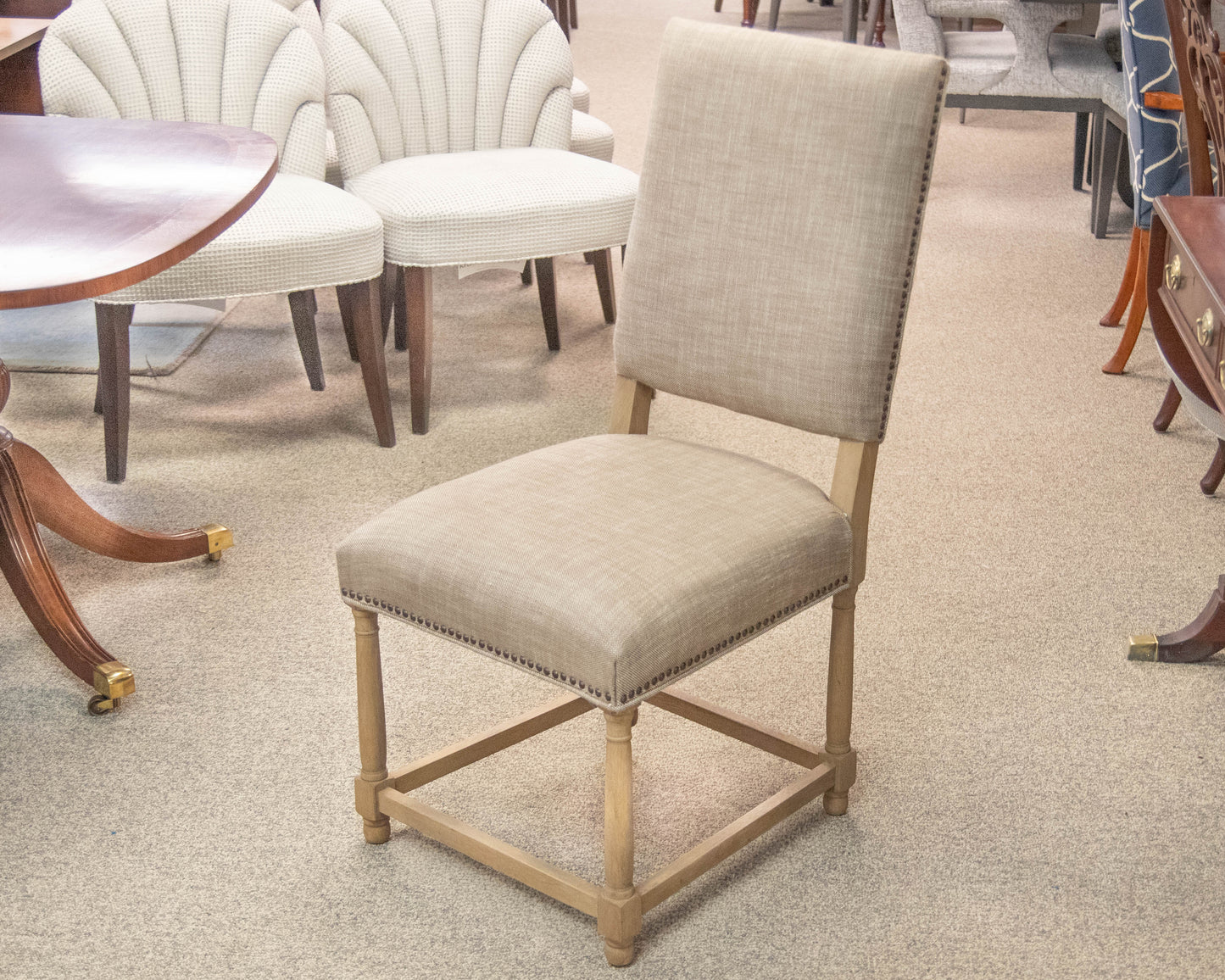 Restoration Hardware Pair Of Upholstered Taupe  Dining Chairs W/ Nailhead Trim