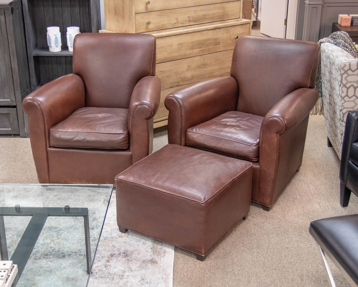 Pair Of  Baker " Coach Legacy" Glove Tanned Mahogany Leather Chairs & Ottoman