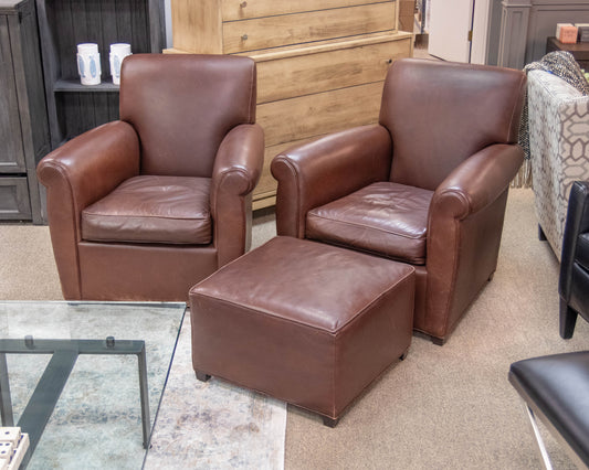 Pair Of  Baker " Coach Legacy" Glove Tanned Mahogany Leather Chairs & Ottoman