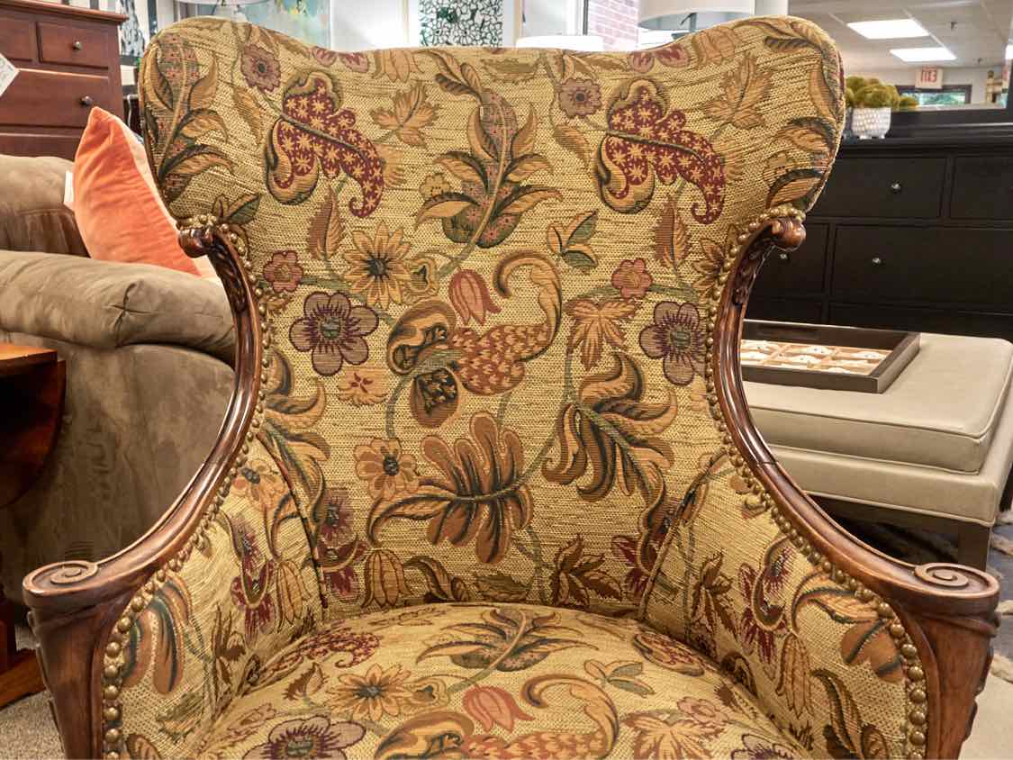 Pair of Fireside Wing Chairs in Autumn Tones on Carved Fruitwood Frame