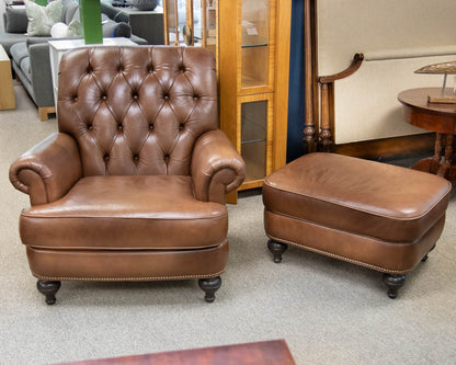 Ethan Allen 'Shaw' Leather Arm Chair & Ottoman