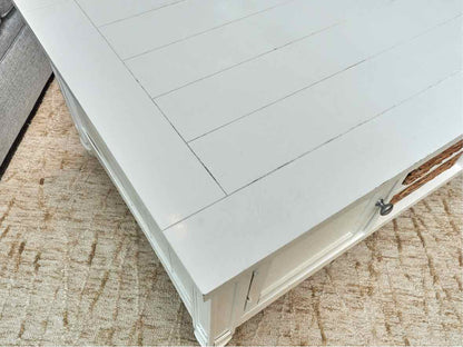 White Finish Plank Top 4 Door 2 Basket Shelf Cocktail Table