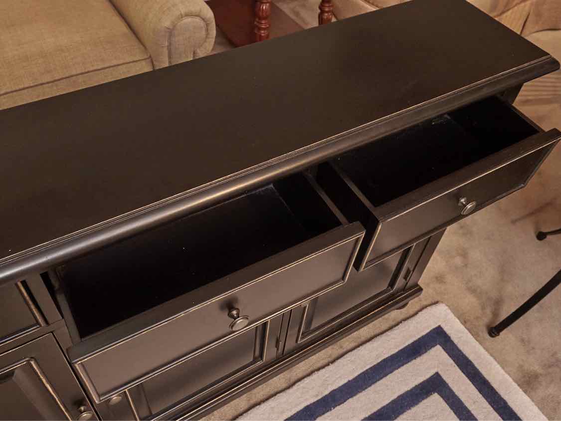 Black Finish Distressed Accents 3 Drawer 3 Door Console