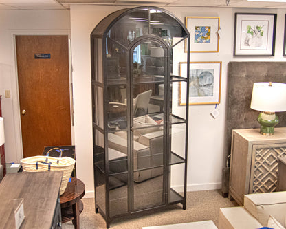 Crate & Barrel Ventana Old World Arched Black Iron Glass Display Cabinet