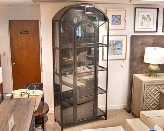 Crate & Barrel Ventana Old World Arched Black Iron Glass Display Cabinet