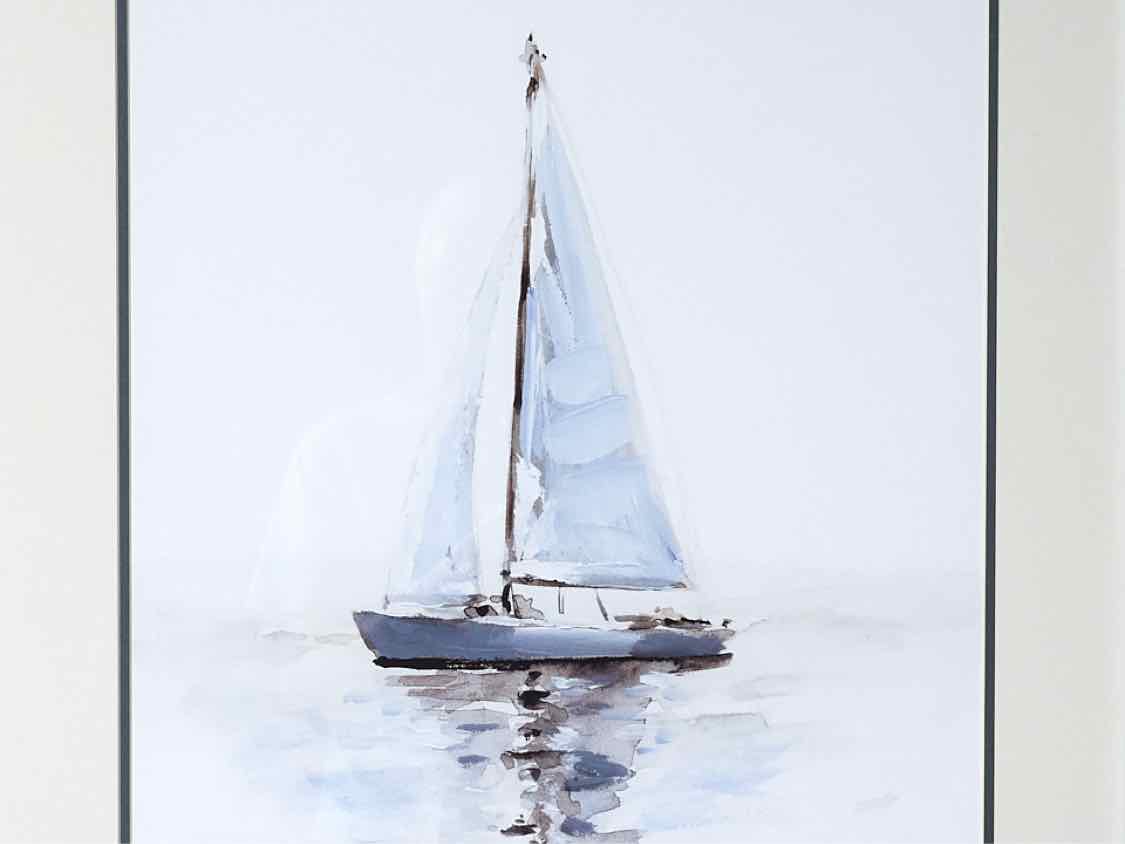 'Mirrored Sailboat II' Double Matted Art Print In White Washed Frame