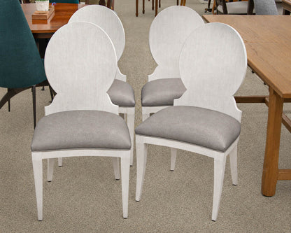 Set Of 4  La Beau Dining Chairs In Distressed White Finish & Grey Pebbled Uphols
