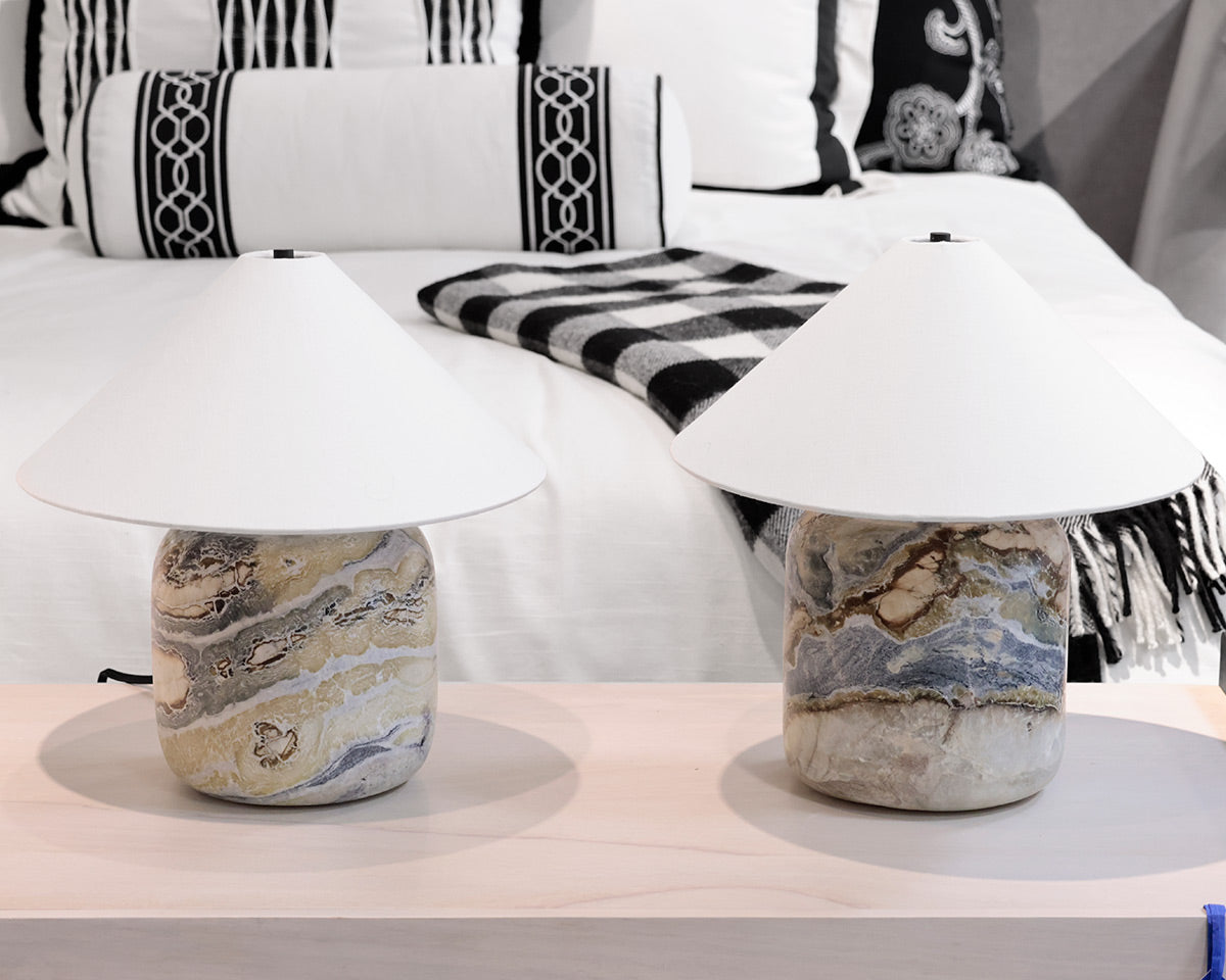 Set of 2 Crate & Barrel Block Mini Floral Jade Marble Table Lamps