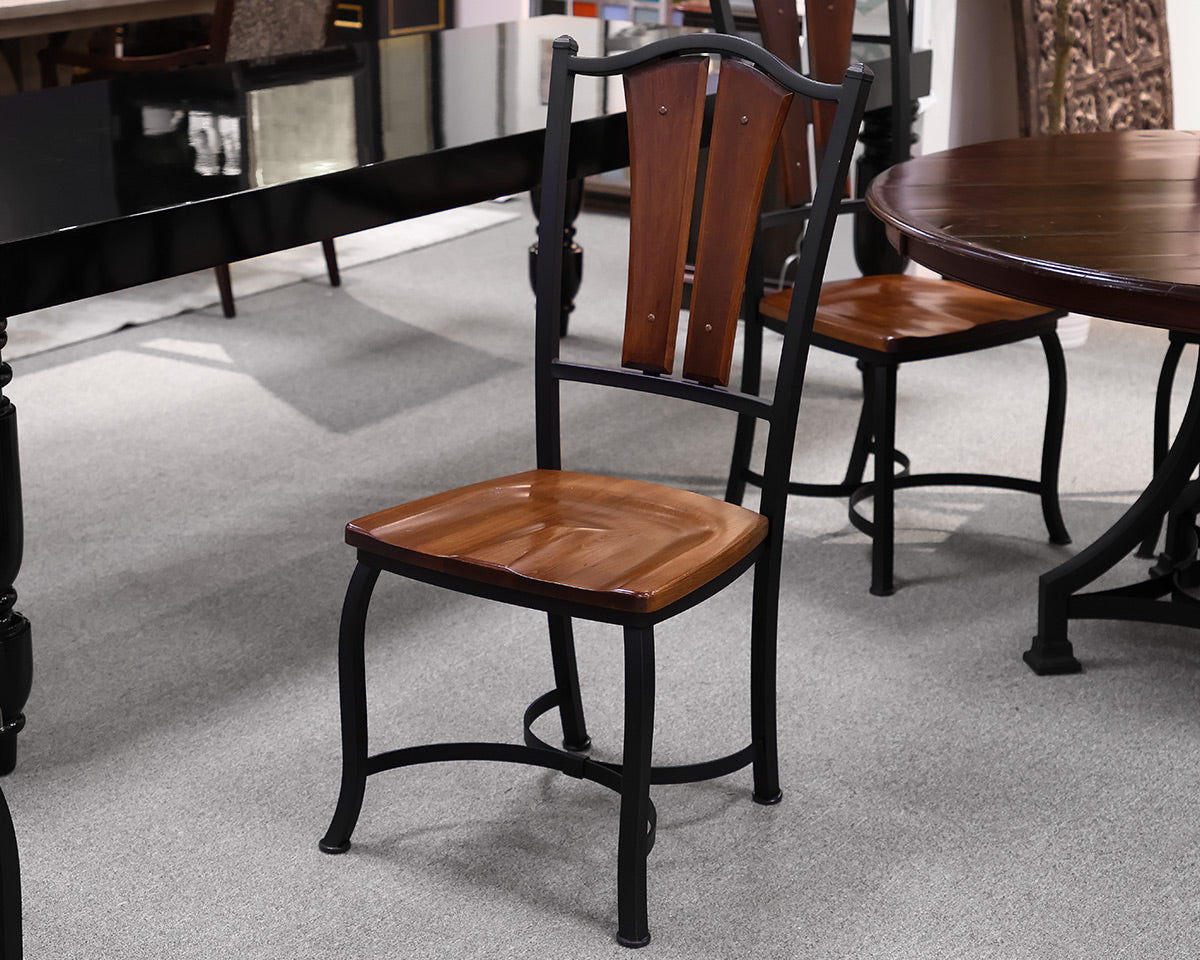 Round Mahogany Table With Metal Base and Six Chairs