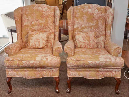 Pair of Toile Upholsterd Wing Back Chairs Includes Toss Pillow