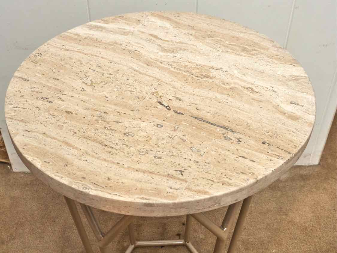 Travertine Stone Top Accent Table with Beige Finish Metal Base