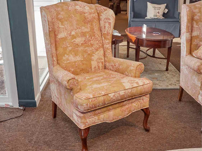 Pair of Toile Upholsterd Wing Back Chairs Includes Toss Pillow