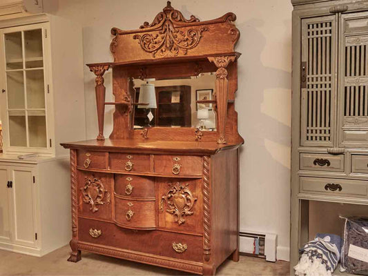Antique Victorian Oak Hand Carved 8 Drawer Mirror  Sideboard