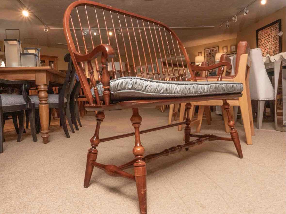Cherry Windsor Arm Bench with Teal Seat Cushion