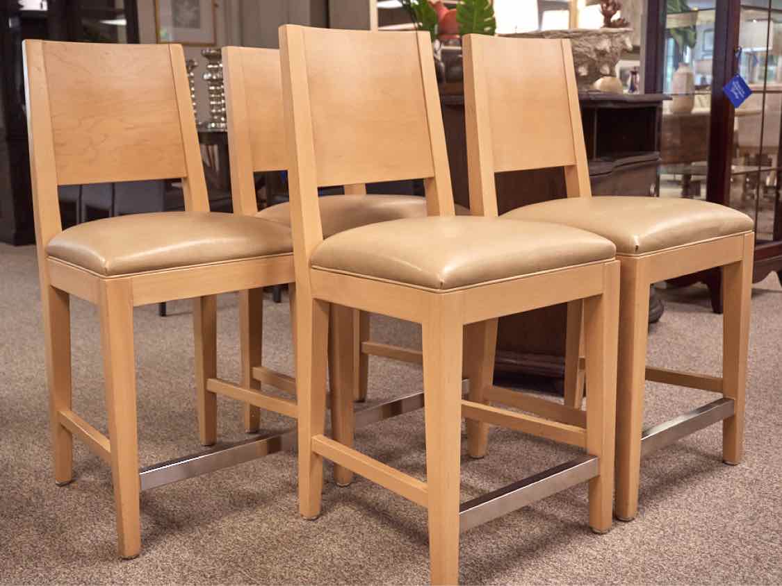 Set of Four Maple Counter Stools W/ Maple Faux Leather Seats