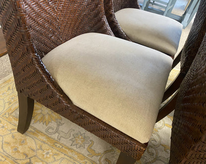 Set of 6 Painted Wicker Dining Chairs in Brown with Beige Seats