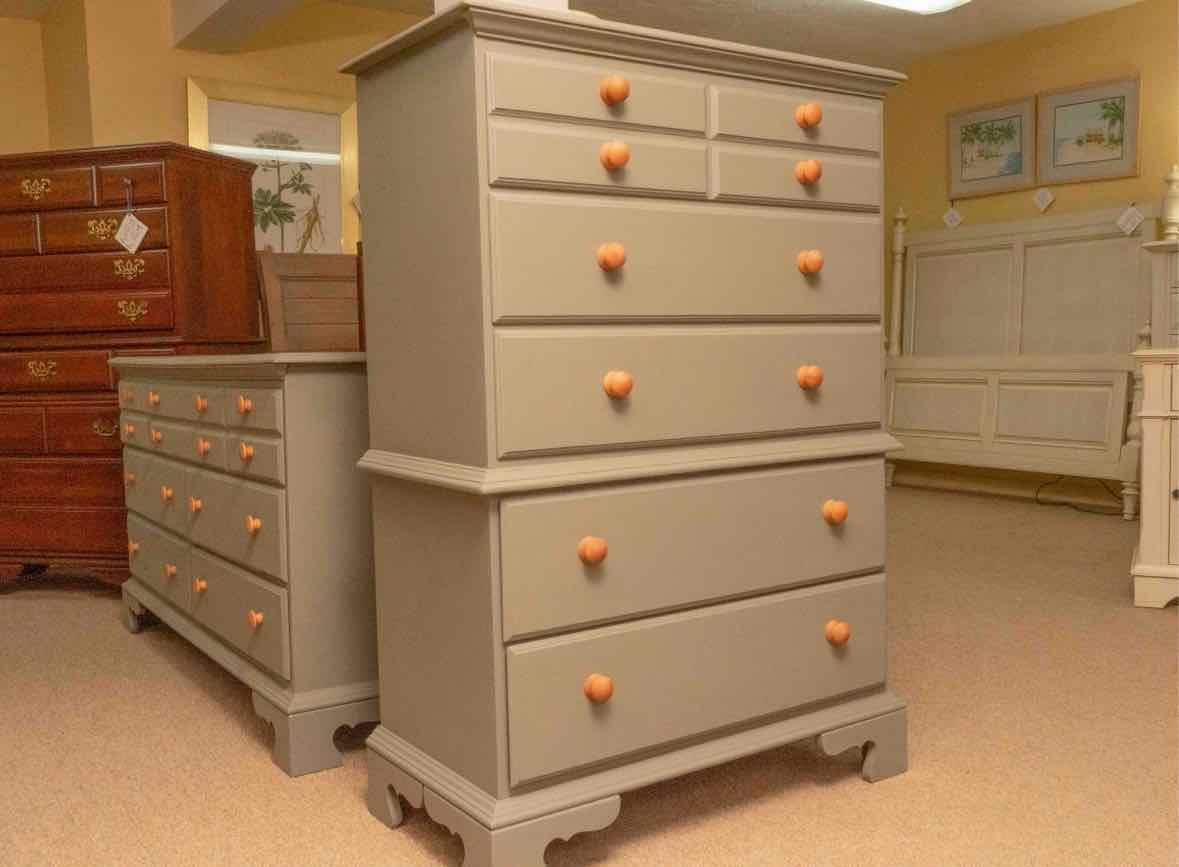 Eucalyptus Green Finish 5 Drawer Chest on Chest with Natural Wood Knobs