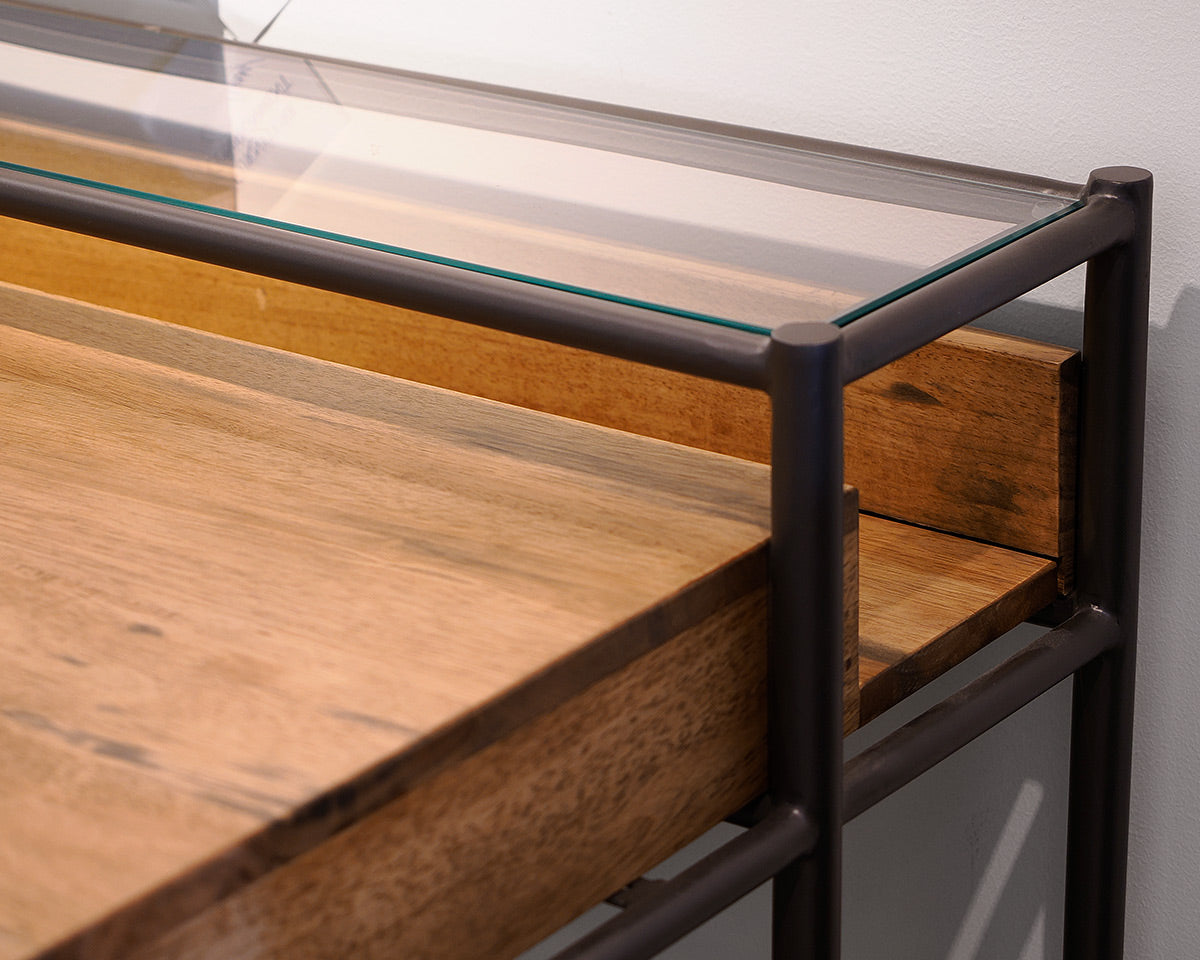 Light Oak Desk With Upper Glass Shelf