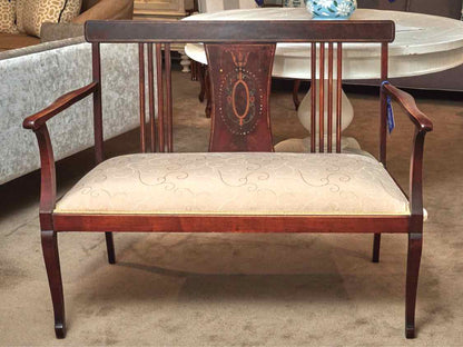 Antique Mahogany Arm Bench With Inlay Accents Upholstered Seat