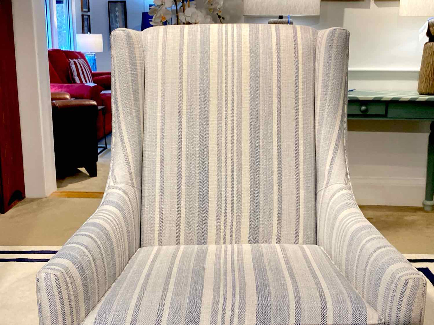 Pair Of Ethan Allen  Light Denim Blue Striped Upholstered  Wing Chairs