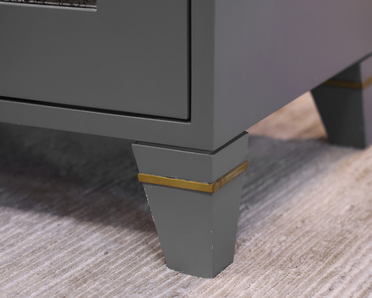 Custom Media Console in Grey Finish with Mirrored Doors & Satin Gold Hardware