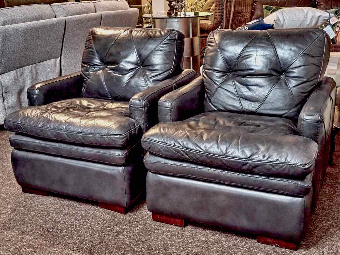 Pair Of  Dark Grey Leather Chairs
