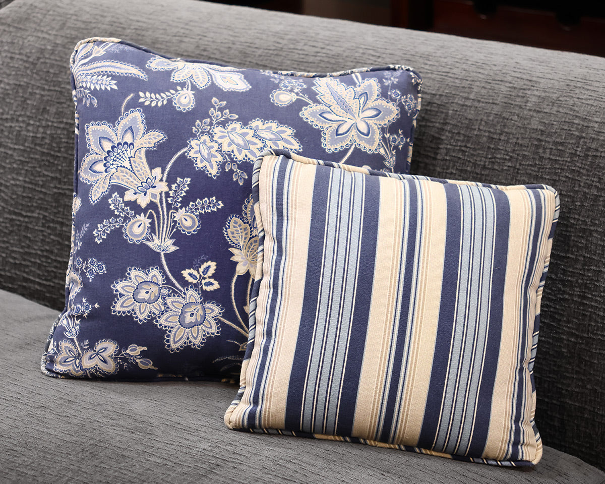 Pair of Custom Blue Paisley and Striped Accent Pillows