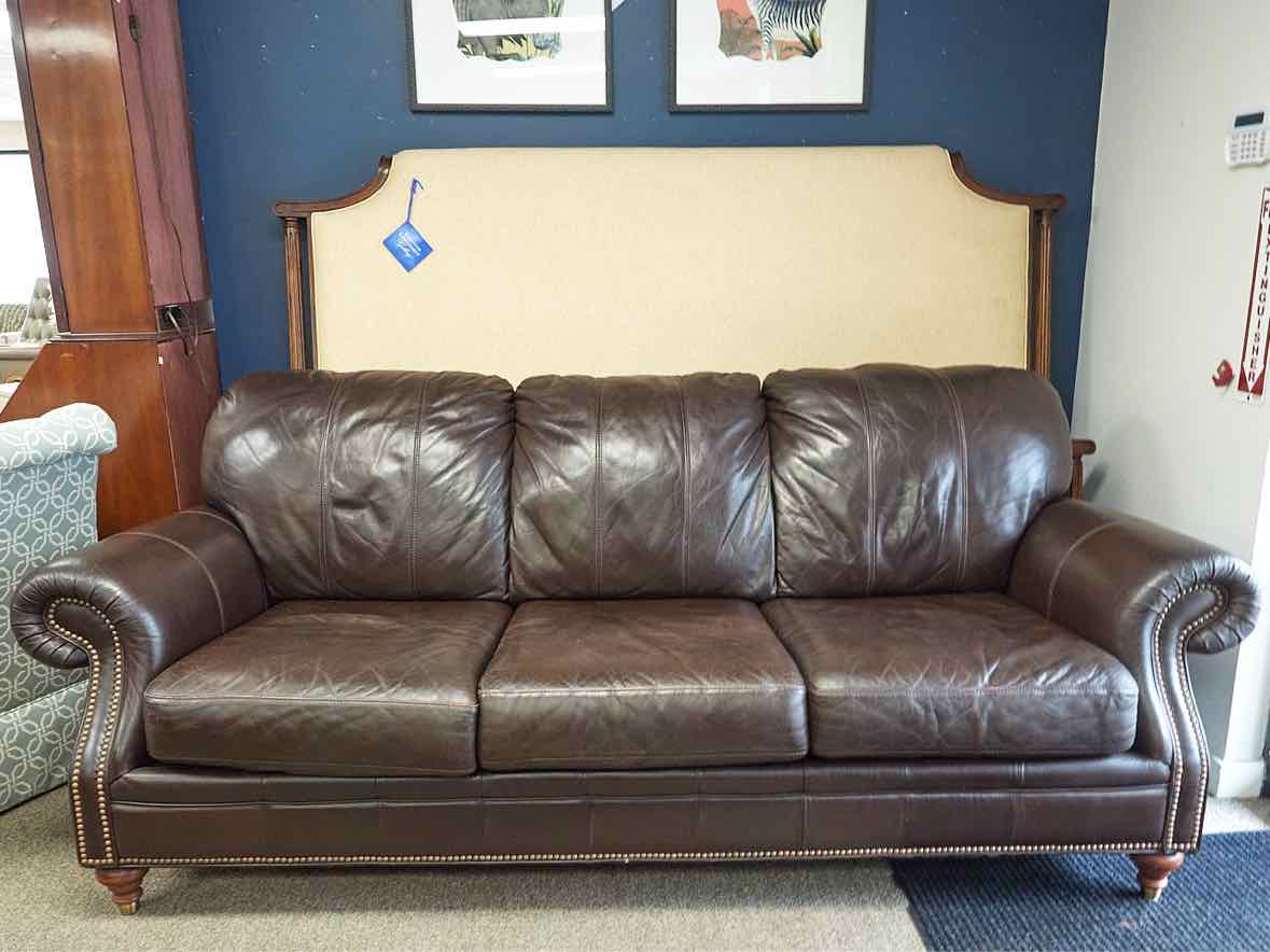 Ethan Allen Leather 3 Cushion Sofa with Brass Nailhead Trim