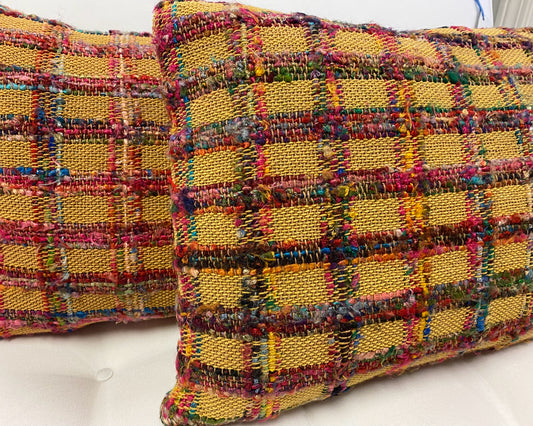Pair of Melon & Pink Plaid Boucle Accent Pillows