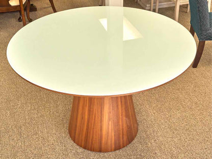 Winston Round Dining Table on Walnut Base with White Lacquer & Clear Glass Top