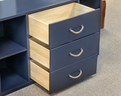 Land of Nod Navy 3-Drawer Dresser with Storage Cubbies and Rope Pulls
