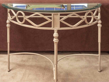 Glass Top 'Putty Sand' Finish Wrought  Iron Demi Lune Accent Table