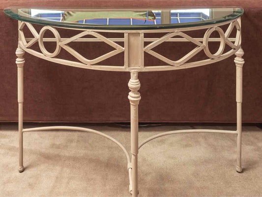 Glass Top 'Putty Sand' Finish Wrought  Iron Demi Lune Accent Table