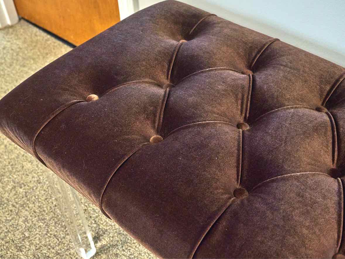Brown Performance Velvet Ottoman with Tufted Buttons & Lucite Legs