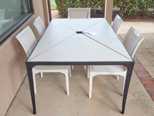 Outdoor Black Steel Base Dining Table with White Metal Chairs