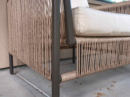 Pair of Tan Weave Arm Chairs & Matching Round Side Table