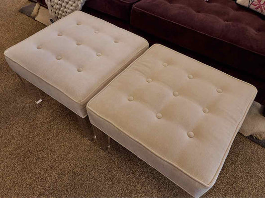 Pair of MG+BW Vanilla Upholstered Ottomans with Acrylic Legs