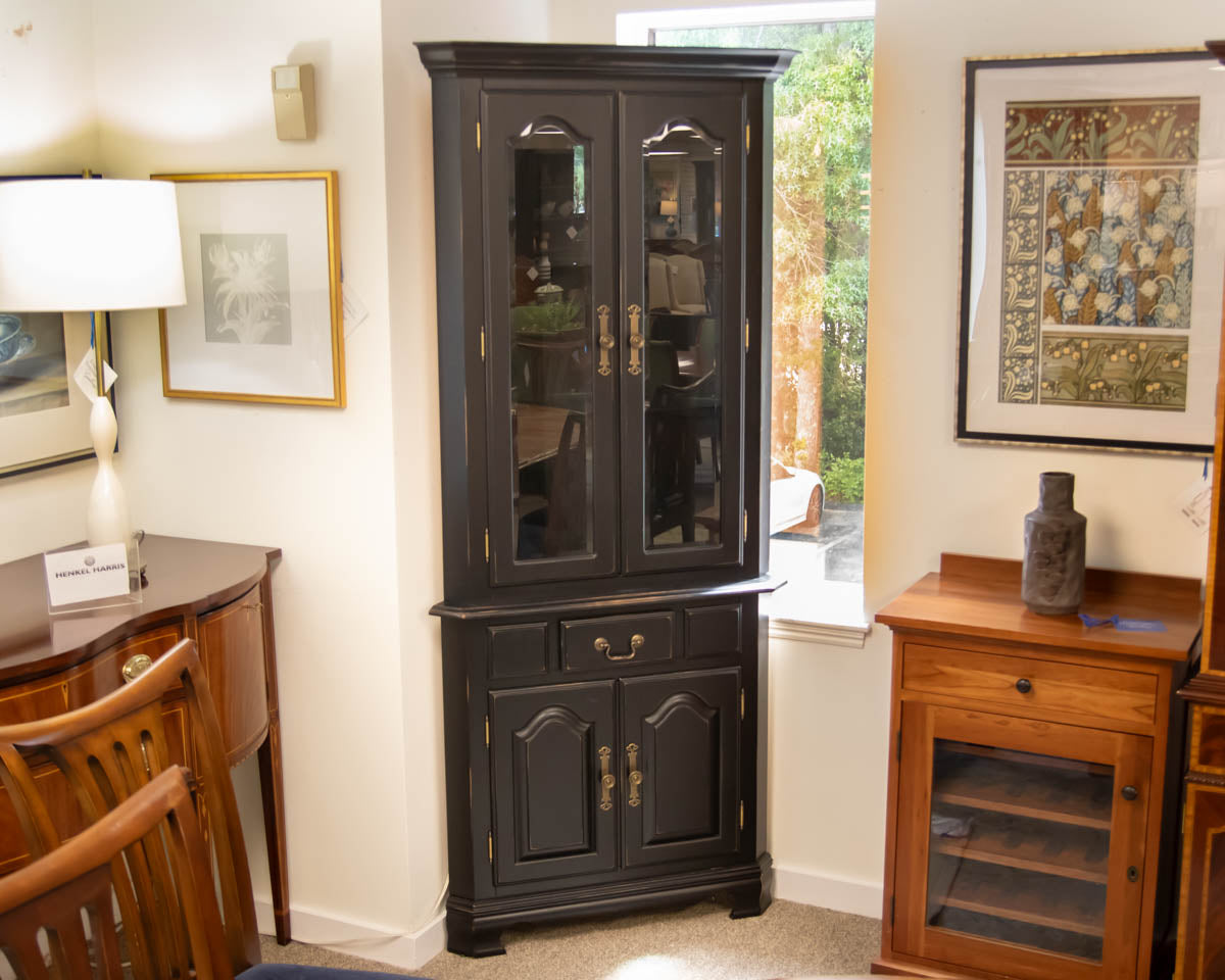 Canadel Black Distressed Corner Cabinet Featuring Glass Display Doors