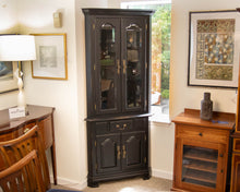 Canadel Black Distressed Corner Cabinet Featuring Glass Display Doors