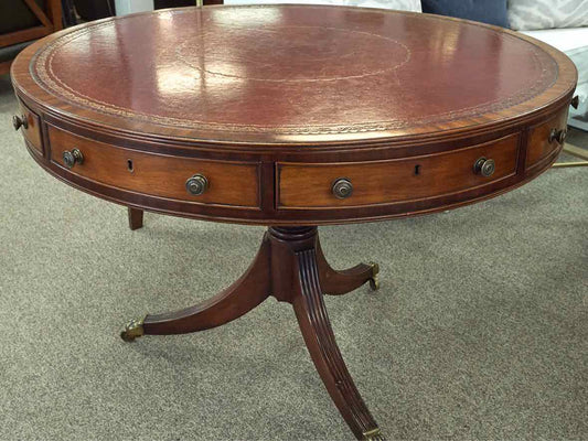Mahogany Rent Table  with Leather Top on Pedestal Base with Casters