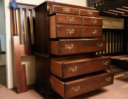 Cherry 3 Over 2 Drawer Chest 0n Chest with Brass Chippendale Pulls