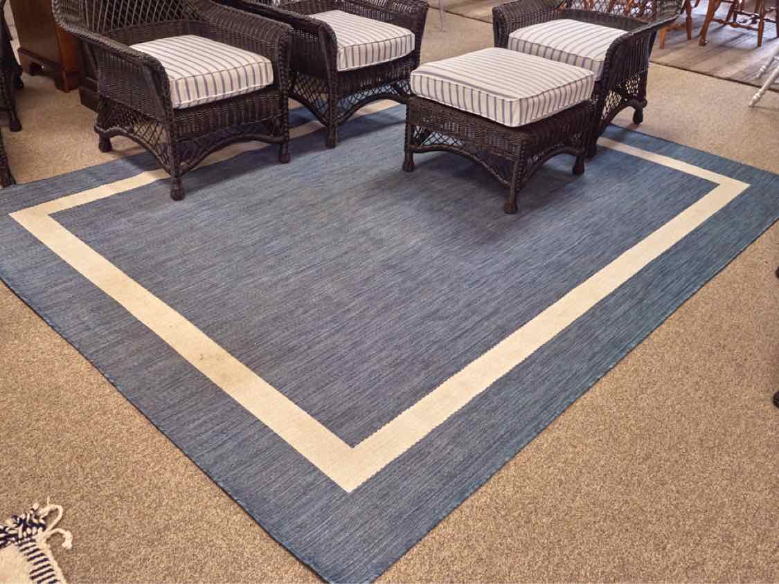 Outdoor Denim Blue Area Rug W/ Ivory Border