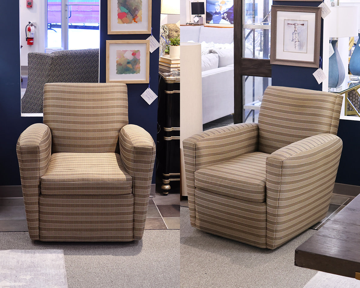 Pair of A Rudin Swivel Club Chairs in Charcoal, Ivory and Tan