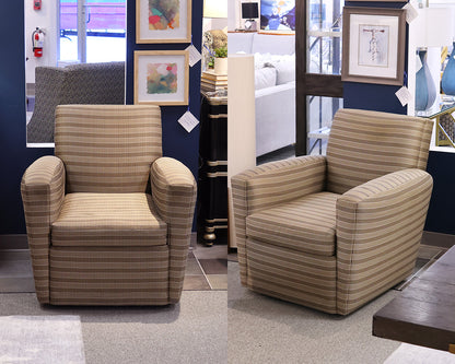 Pair of A Rudin Swivel Club Chairs in Charcoal, Ivory and Tan
