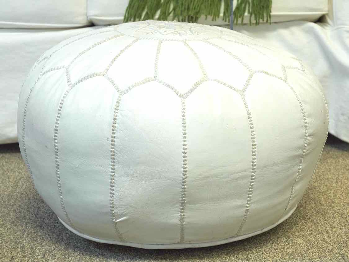 Jonathan Adler White Leather Moroccan Poof