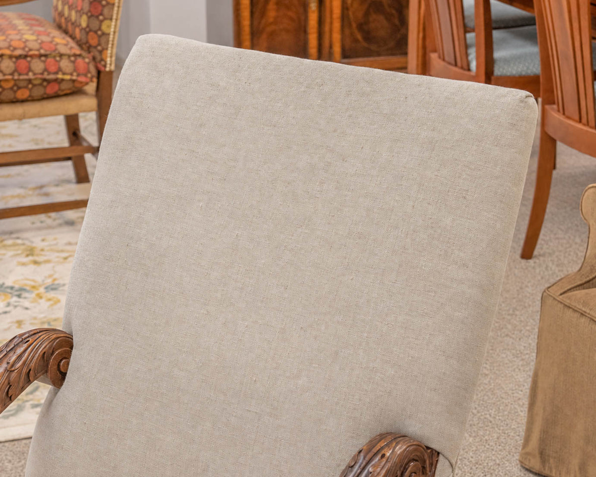 Carved Woodframe Armchair with Cream Linen Upholstery