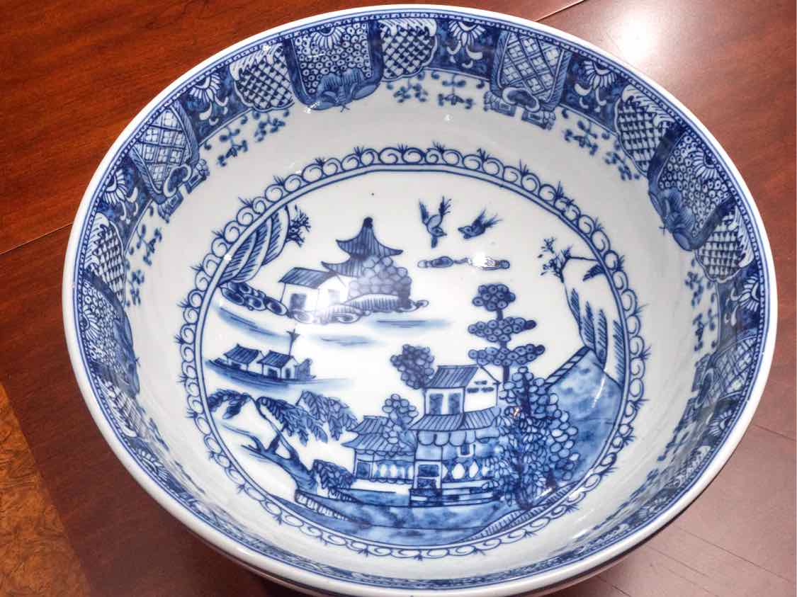 Blue & White Canton Porcelain Bowl Includes Wooden Base