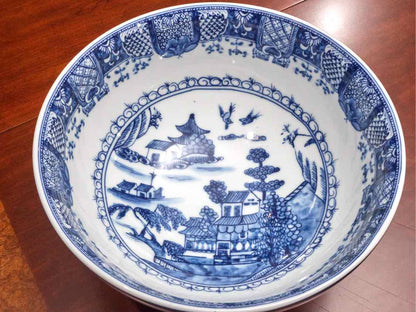 Blue & White Canton Porcelain Bowl Includes Wooden Base